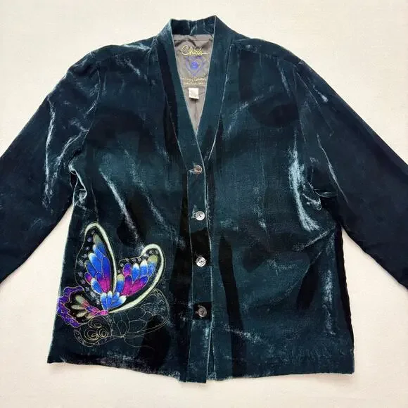 Chicos Green Silk & Velvet Painted Butterfly Kimono Blazer Jacket Size 2 (L/12) - Picture 4 of 12